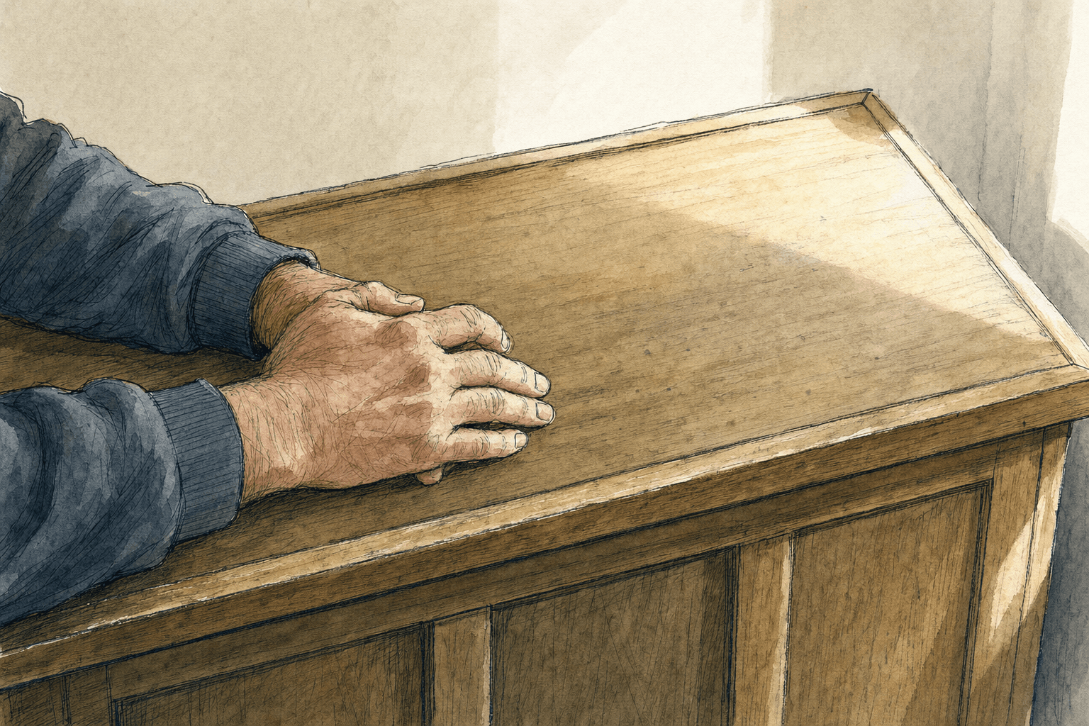 A hand-drawn editorial sketch of a single anonymous pair of hands resting on the closed lid of a plain wooden service counter, viewed close up from…