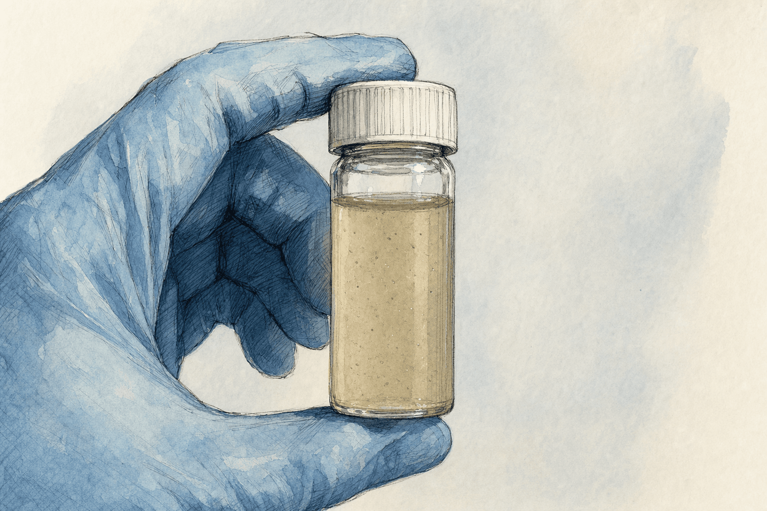 A hand-drawn editorial sketch of a single glass sample vial of cloudy well water held upright in an anonymous gloved hand, seen extremely close up…