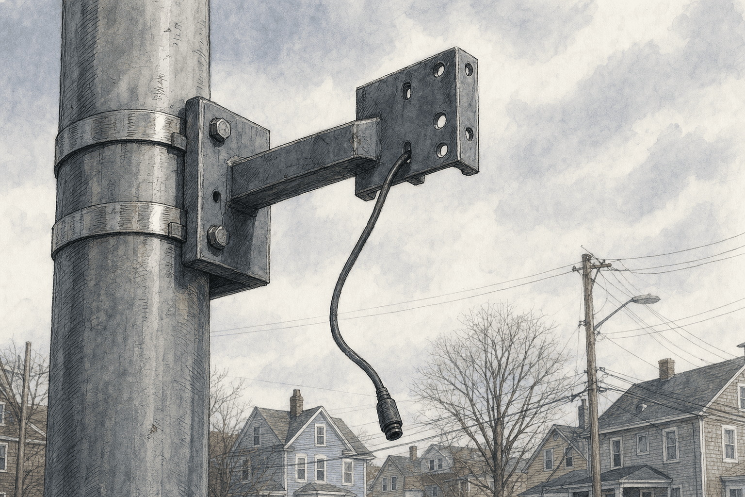 A hand-drawn editorial sketch of a single empty steel mounting bracket on a plain roadside pole, the camera it once held now gone, seen close up…