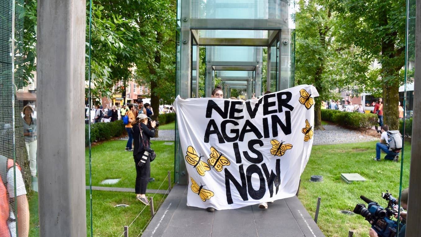 Never Again Action ends march in the lobby of Amazon, protesting the companies ties to ICE
