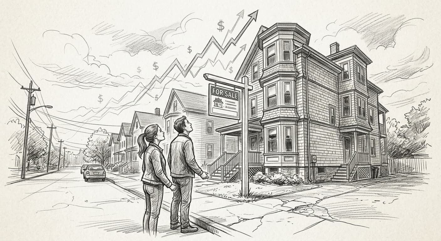 A loose pencil sketch of a young couple standing outside a triple-decker home in Rhode Island, looking up at a "For Sale" sign, with a faint overlay…