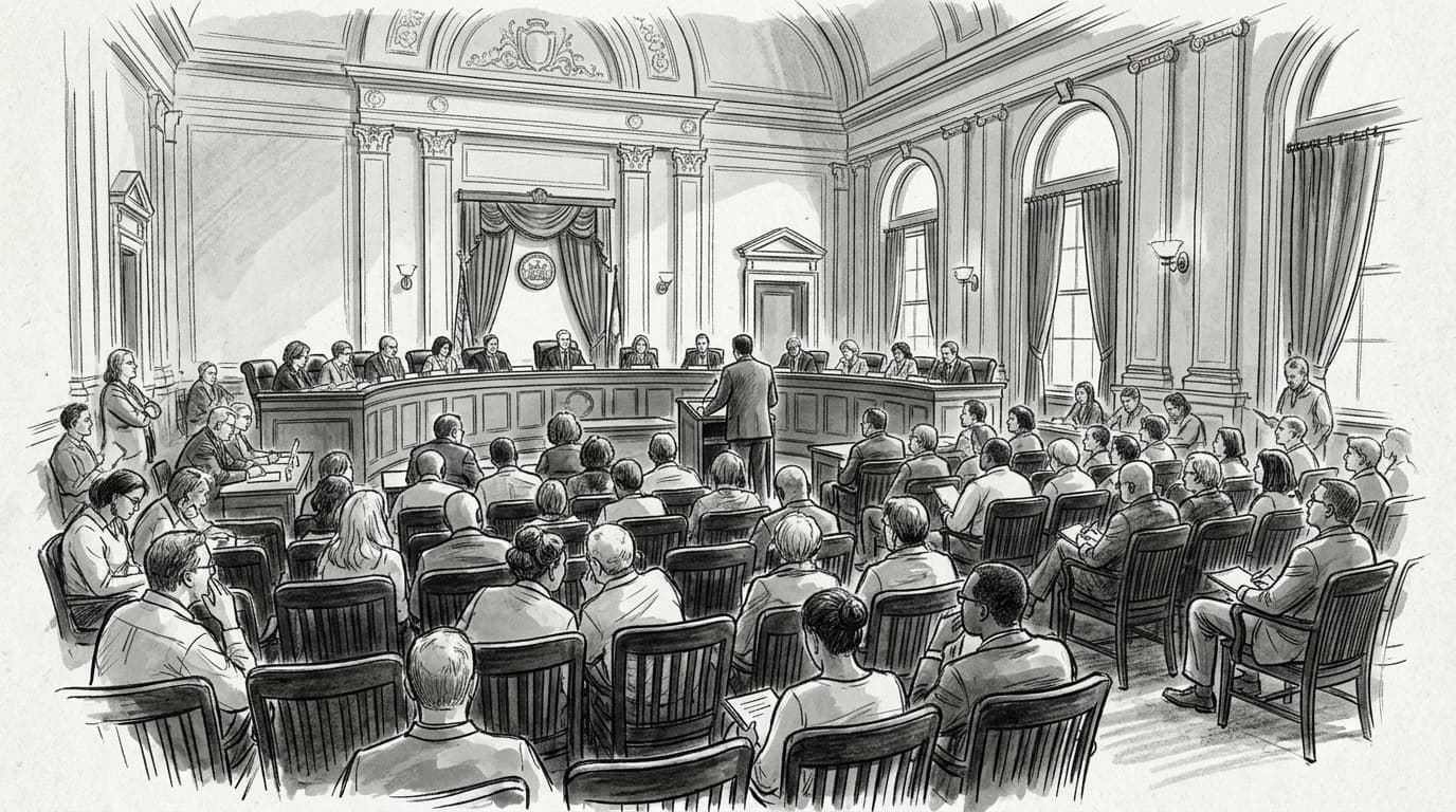 Interior of Providence City Hall with council chamber seating, documentary photojournalism style