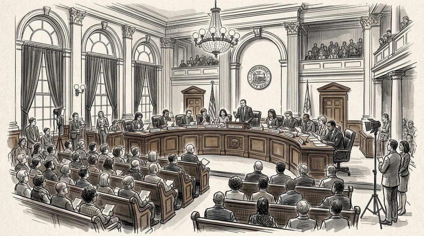 Providence City Hall council chamber during a city council meeting, wide shot of council members at a dais