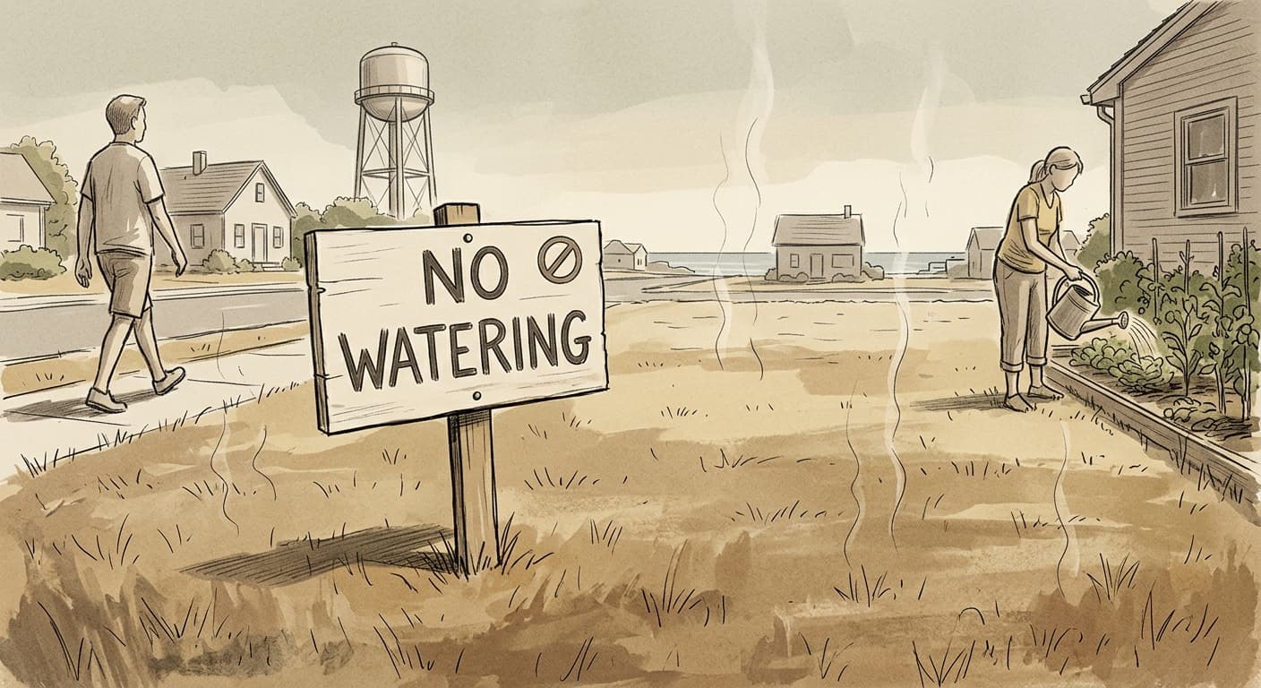 A sketched illustration of a dry lawn with a "no watering" sign in a coastal New England town, a water tower in the background, hazy summer heat…