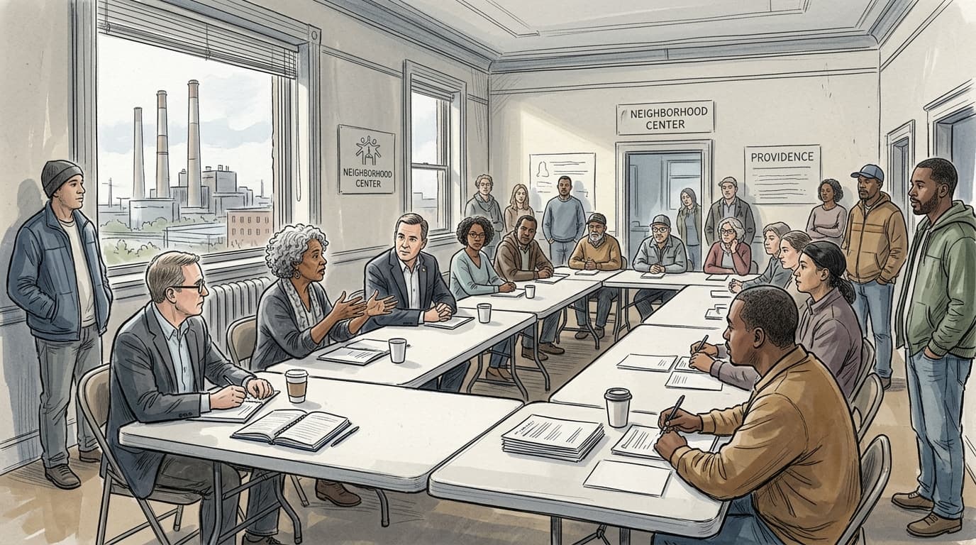 A sketched illustration of a community meeting at a neighborhood center in Providence, Rhode Island, with residents and officials gathered around a…
