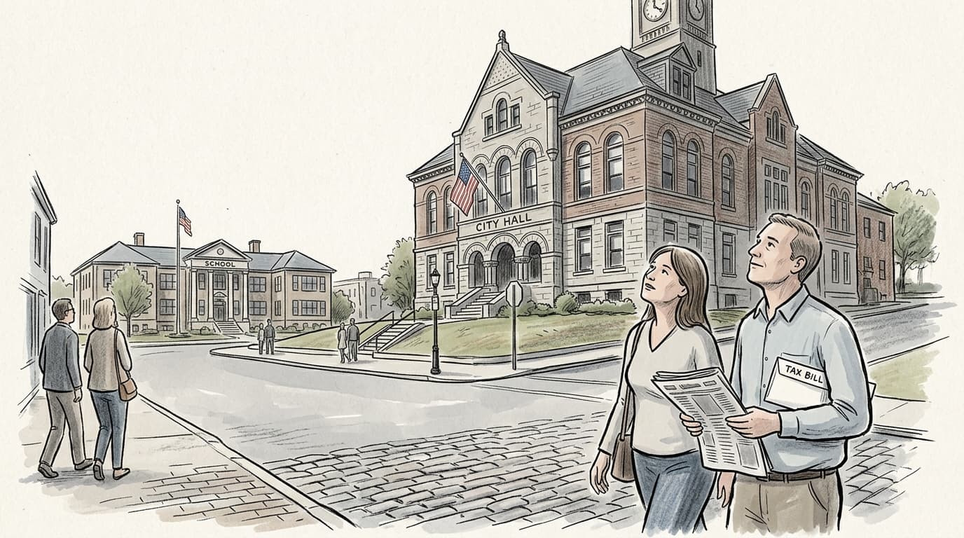 A sketched illustration of Newport, Rhode Island's city hall with a tax bill and a school building in the background, rendered in a simple editorial…