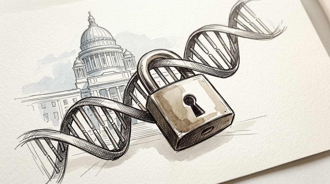 A sketched illustration of a DNA double helix intertwined with a padlock, with a stylized outline of the Rhode Island State House dome in the…