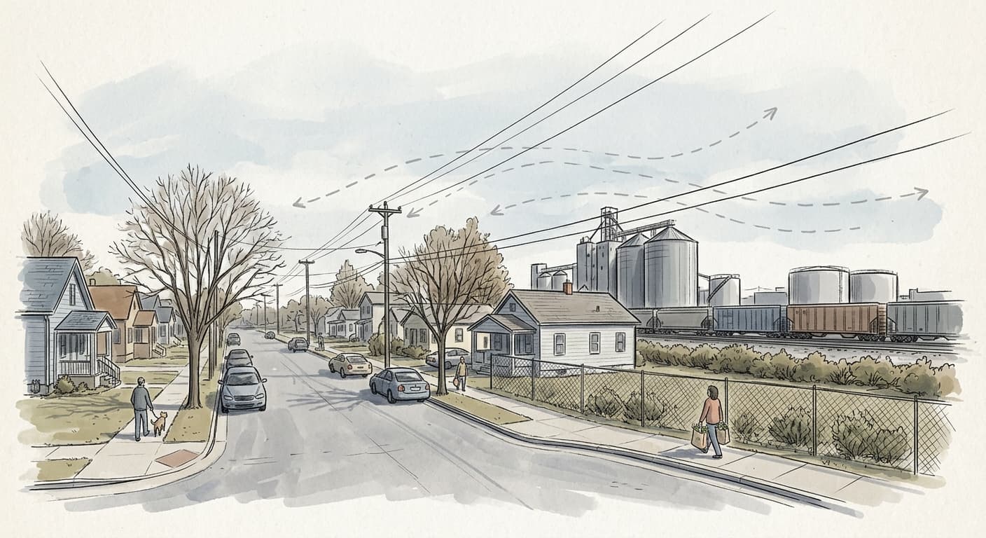 A sketched illustration of a quiet residential street backed by industrial silos and rail cars under a hazy sky, with a faint wind-direction arrow…