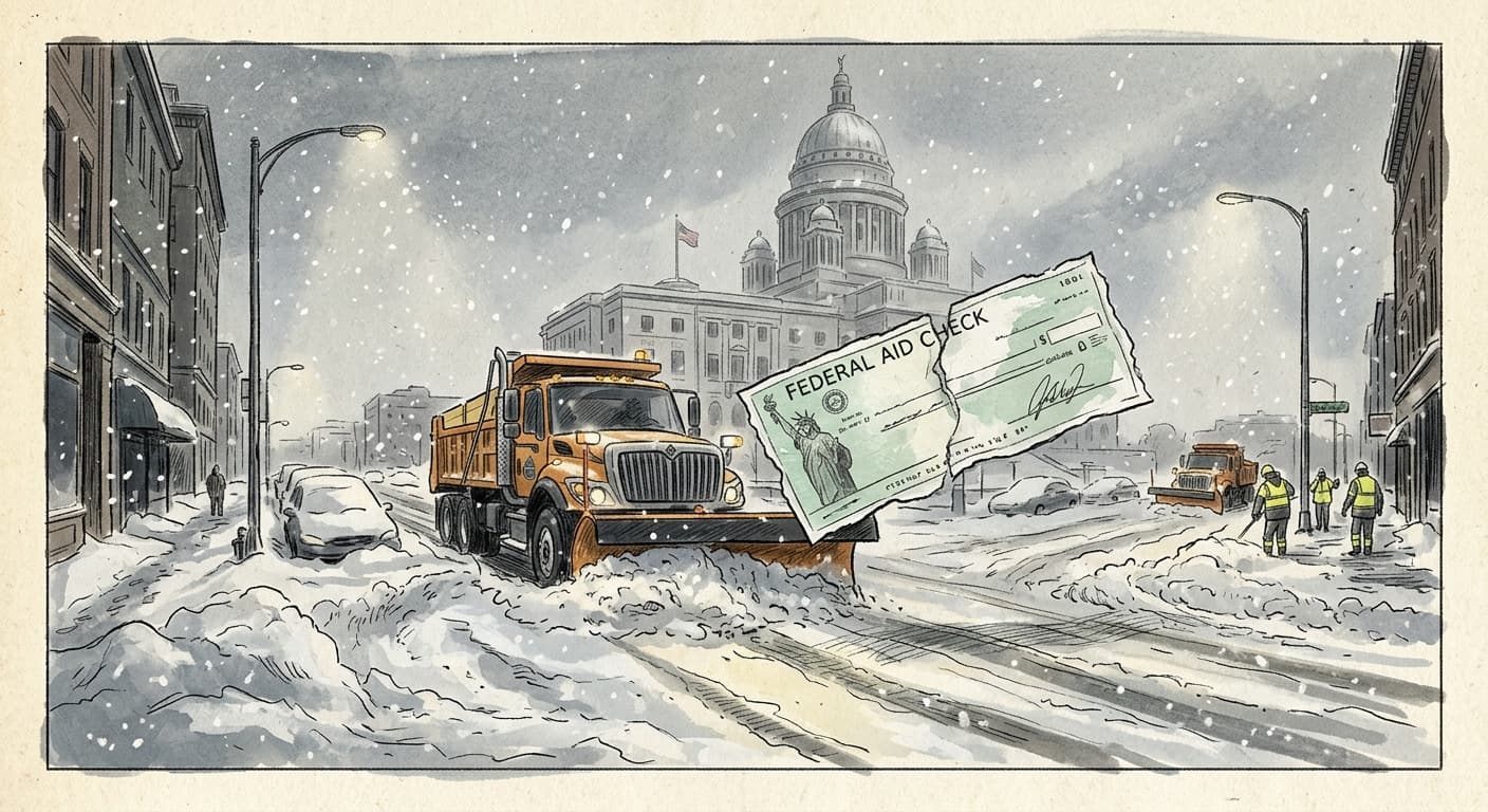 A sketched illustration of a snow-buried Rhode Island street with plow trucks and a state capitol dome in the background, a torn federal aid check…