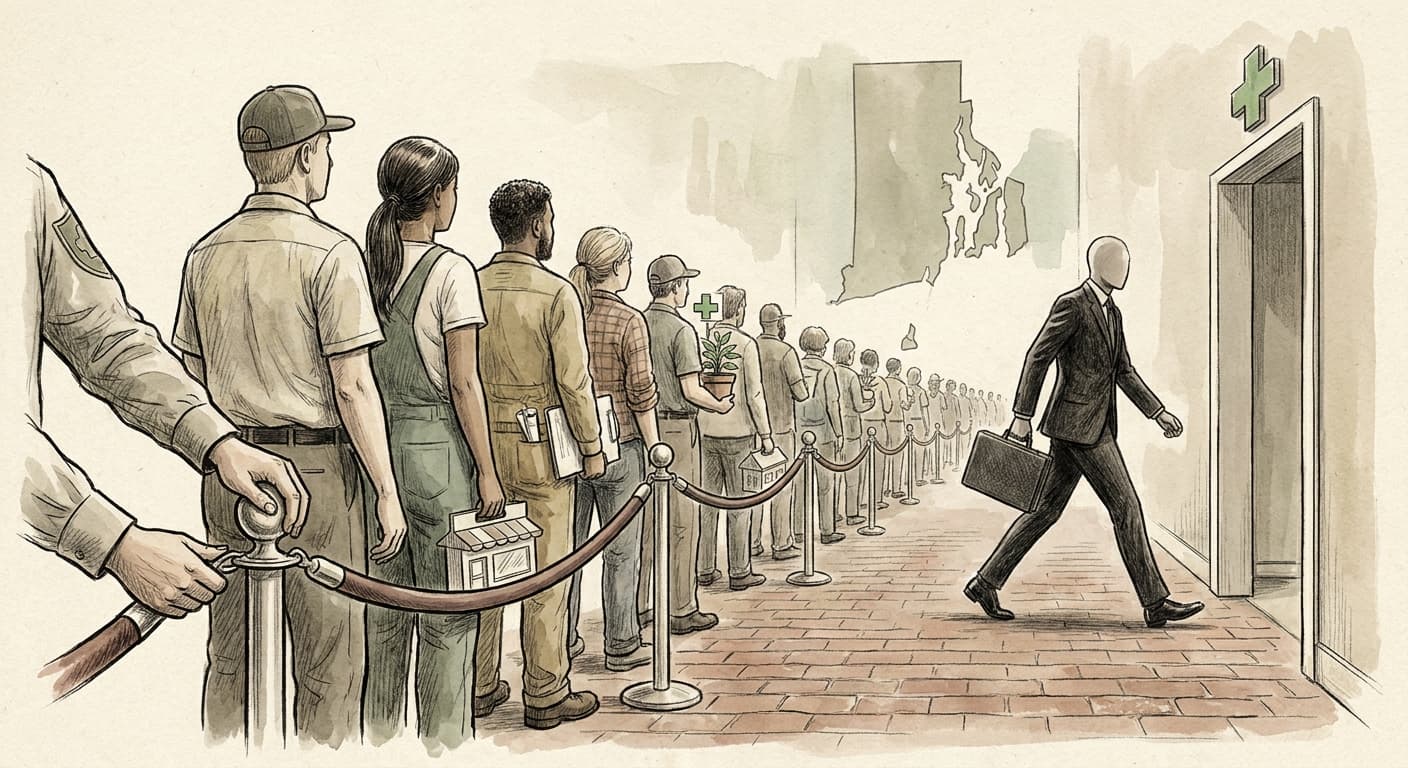 A row of small Rhode Island dispensary storefronts with simple green-cross signs, their hopeful owners standing in a long line behind a velvet rope…