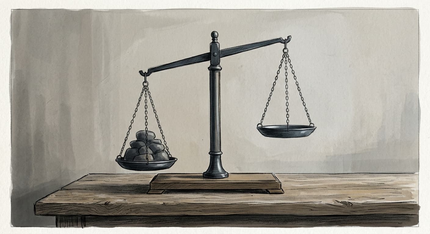 A set of old-fashioned balance scales sitting on a wooden desk, one pan weighed down heavily while the other hangs empty and high.