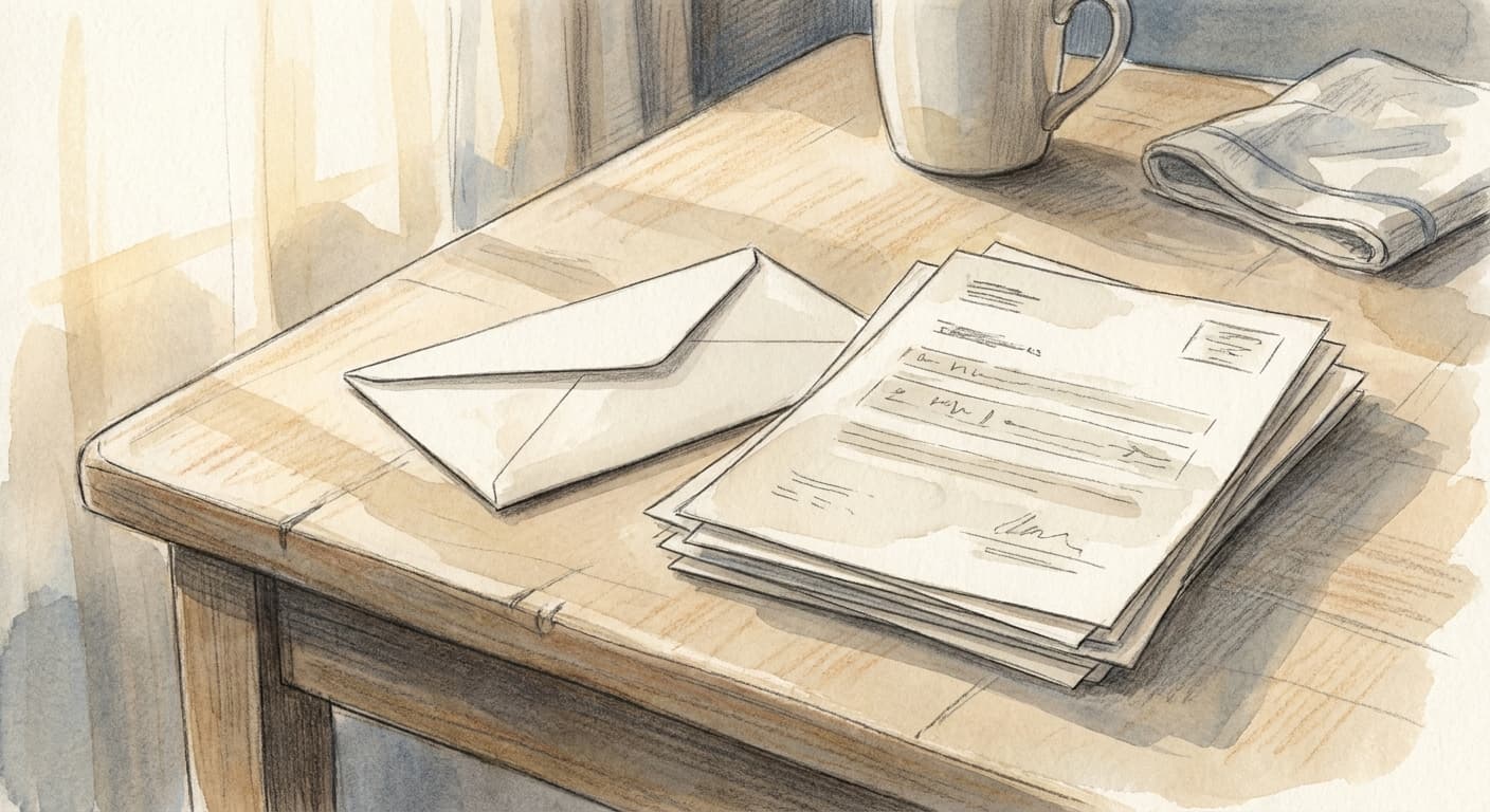 A plain unopened envelope resting on a kitchen table beside a stack of medical bills, drawn as a soft editorial sketch.