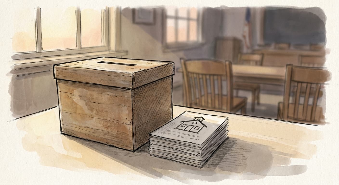 A hand-drawn sketch of a wooden ballot box sitting beside a stack of papers labeled with a small school-shaped icon, rendered in loose ink-and-wash…