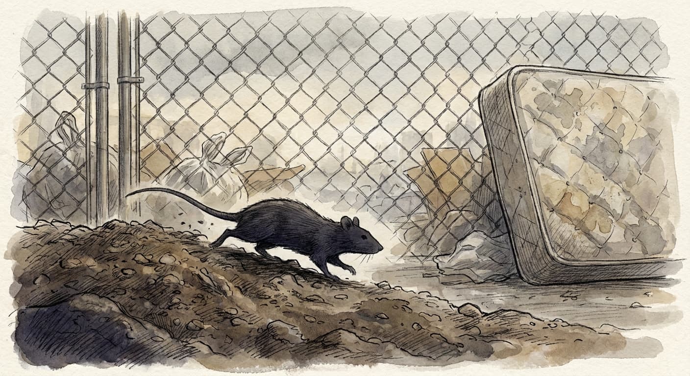 A close-up hand-drawn sketch of a single rat silhouette scurrying across a pile of uncovered dark soil beside a chain-link fence, with a scattering…