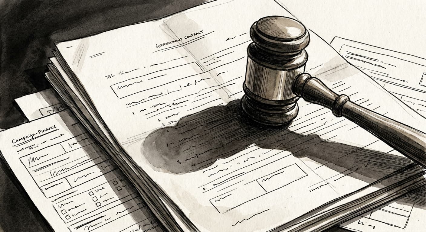 A hand-drawn editorial sketch of a judge's gavel resting on top of a folded government contract and a scattering of campaign-finance forms, with the…