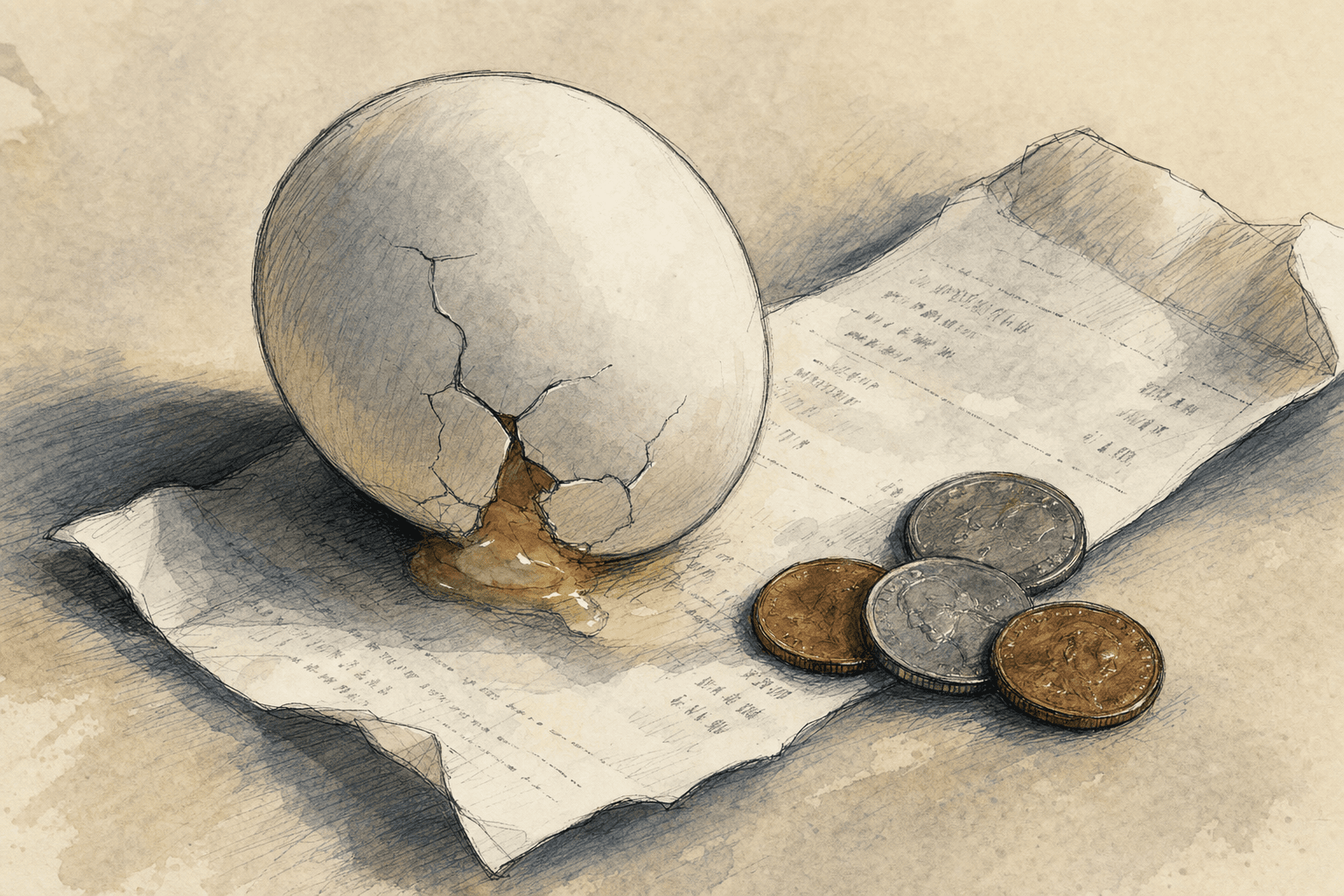 A hand-drawn editorial sketch of a single cracked egg resting on a paper grocery receipt, with a few loose coins beside it.