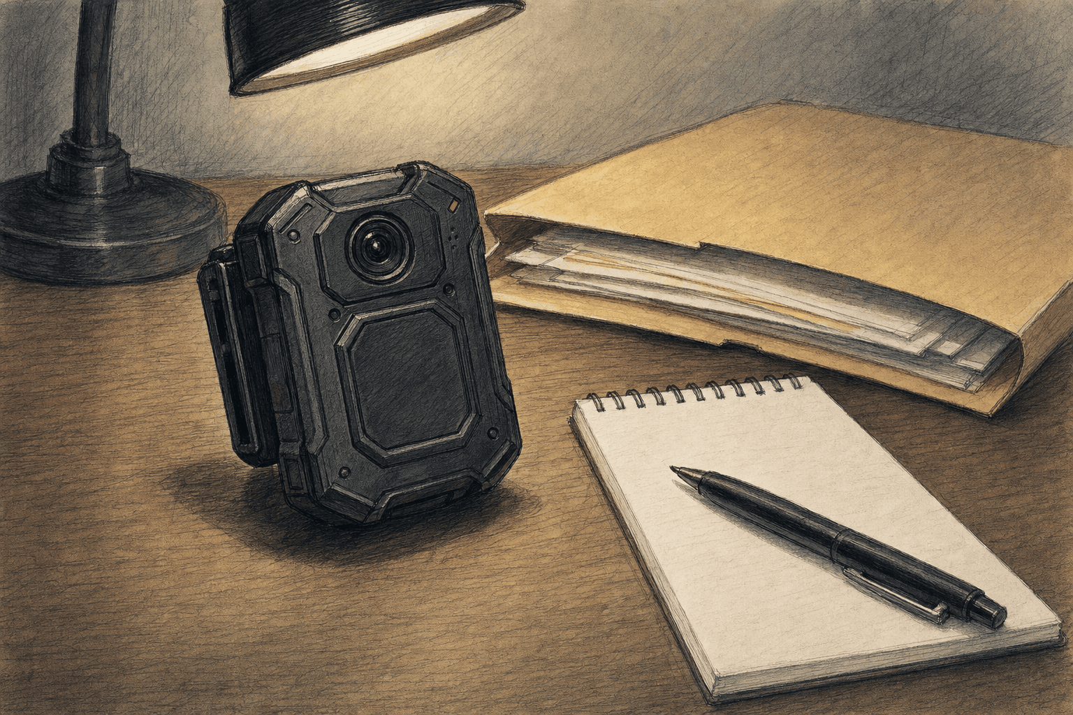 A hand-drawn sketch of a police body-worn camera resting on a wooden desk beside a blank notepad and pen, drawn from behind so no faces or badges…