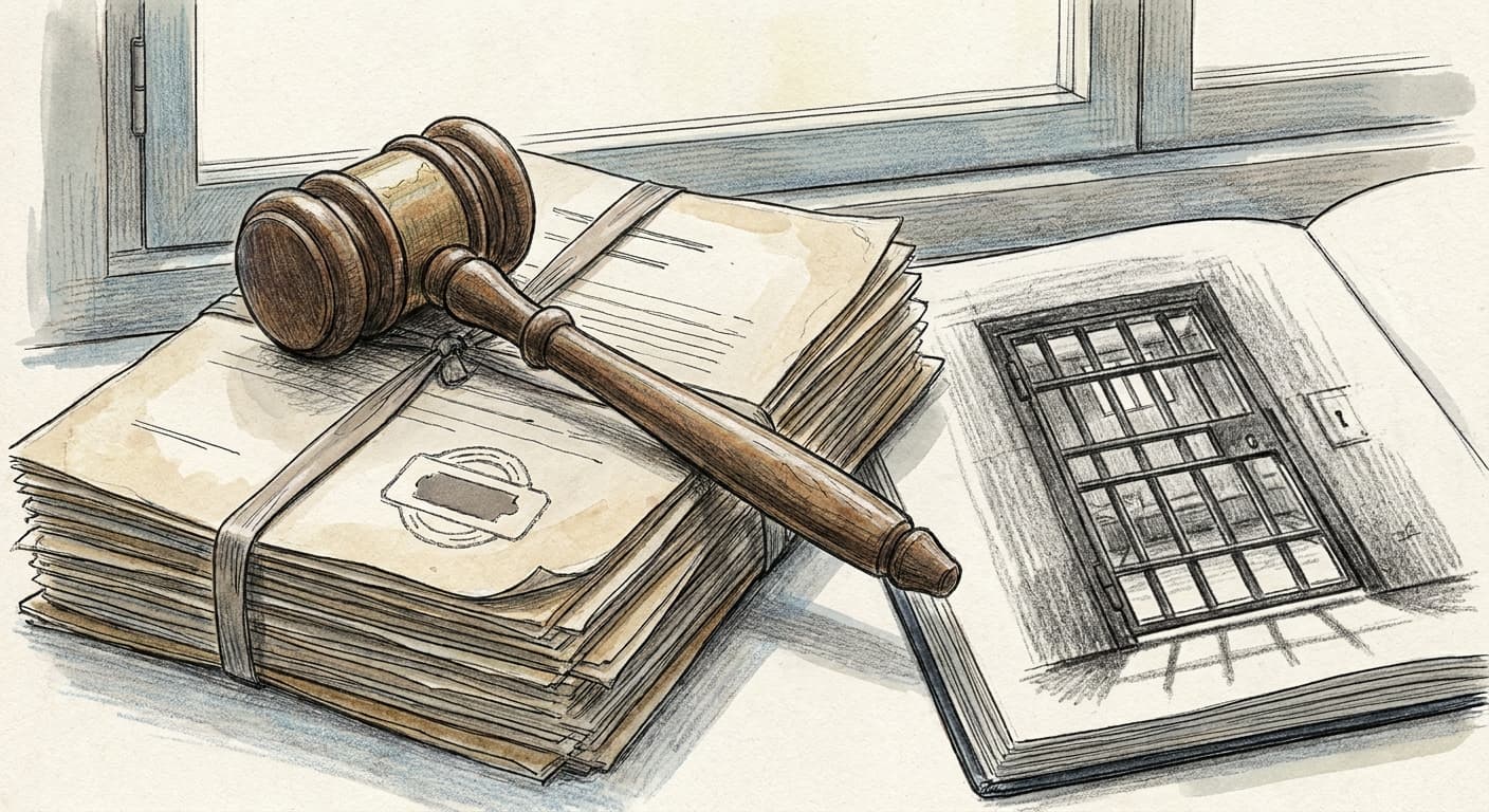 A close-up illustration of a judge's gavel resting atop a thick legal document stamped with a courthouse seal shape (no readable text), beside a…