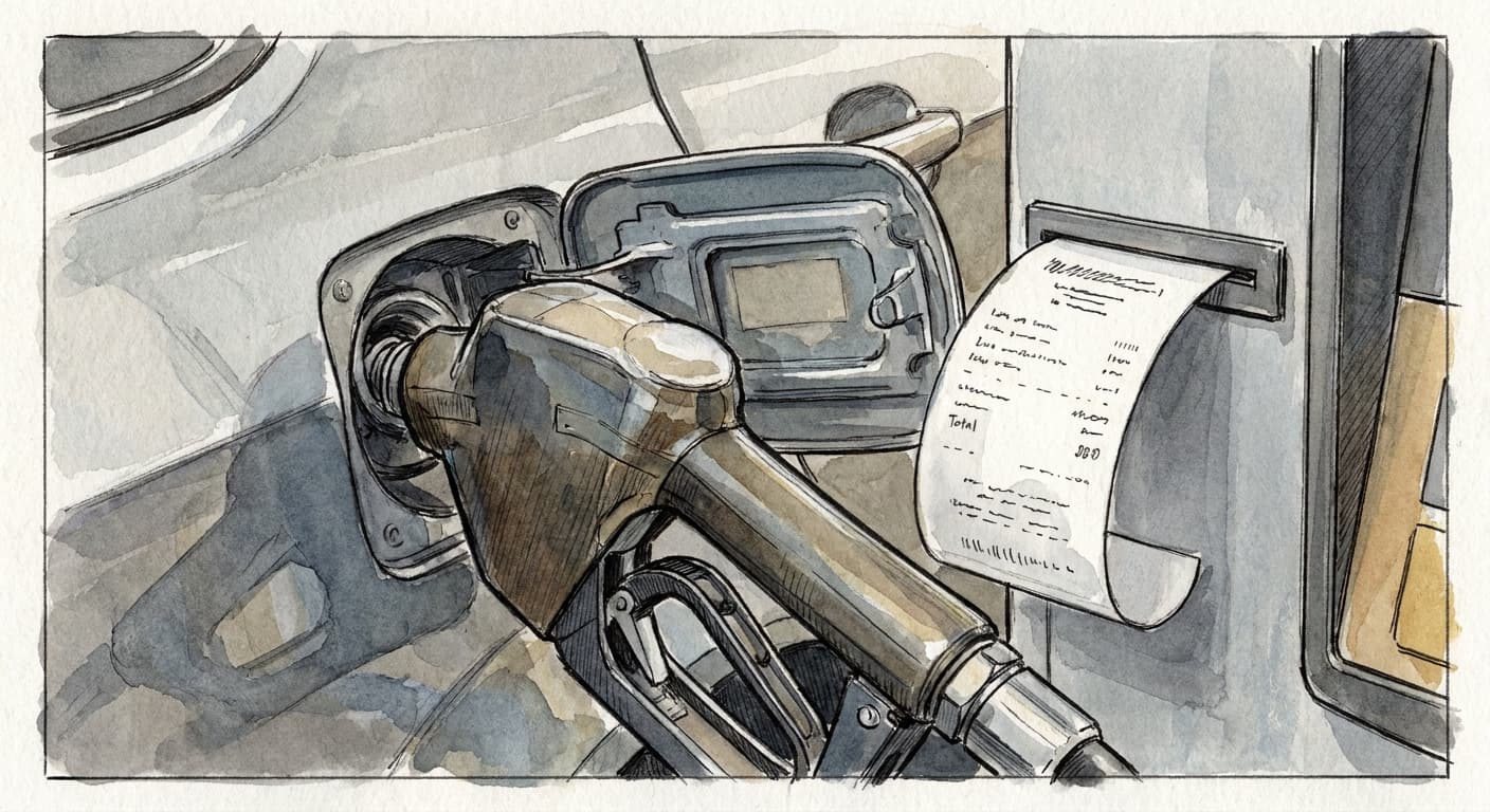 A close-up hand-drawn editorial sketch of a gas pump nozzle resting in a car's fuel door, a receipt curling from the pump beside it, no readable…