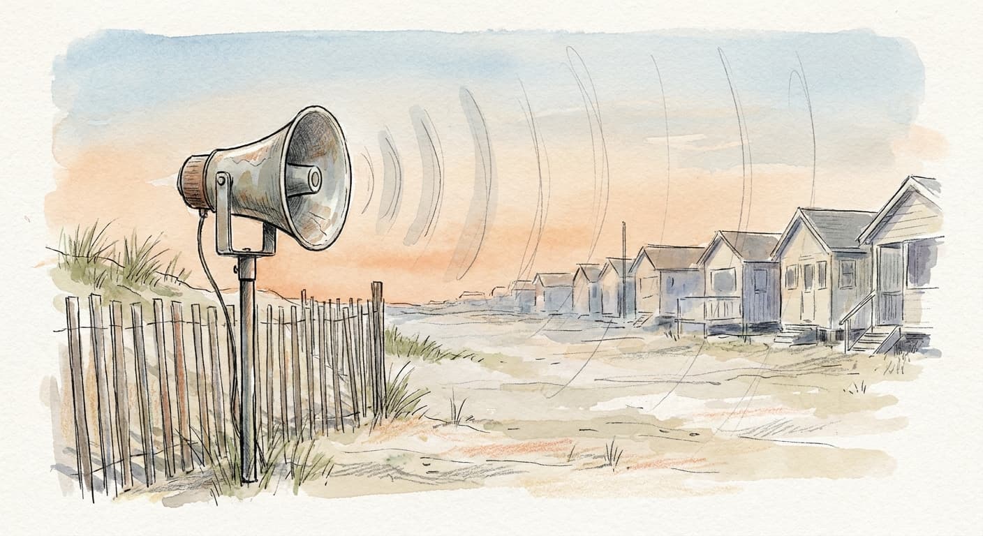 A hand-drawn editorial sketch of a single outdoor speaker on a stand near a beach fence, sound waves rendered as faint pencil lines drifting toward…