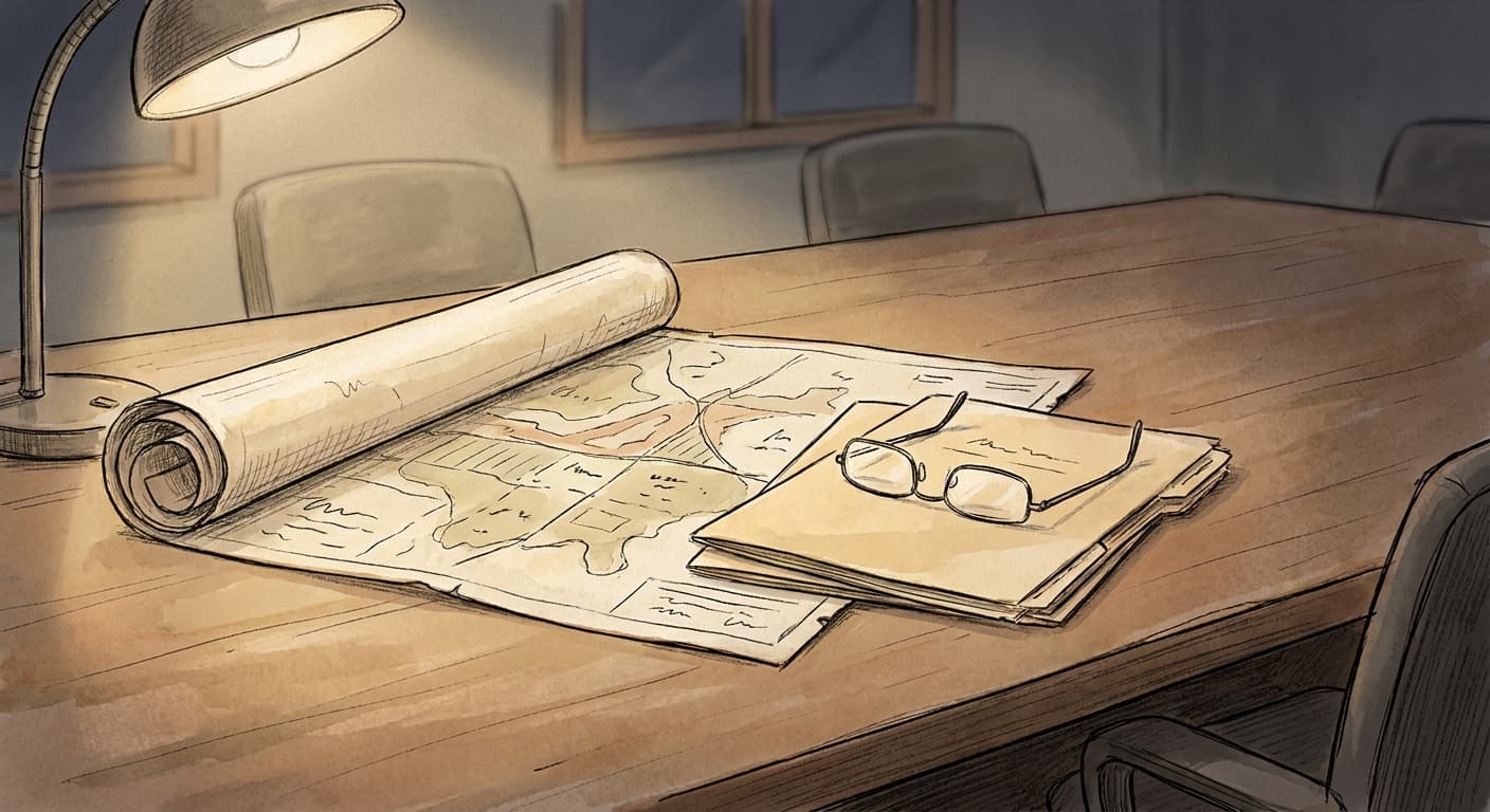 A hand-drawn editorial sketch of a rolled land-use map and a small stack of paper folders resting on a plain wooden table, with a pair of reading…