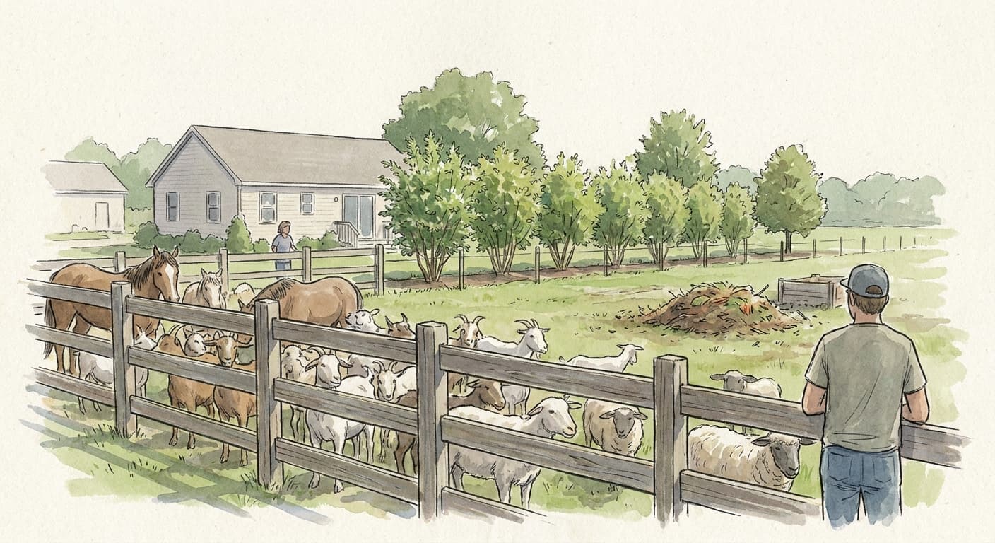 A rural Rhode Island property crowded with goats, sheep, and horses behind a fence, with a neighboring suburban home and freshly planted screening…