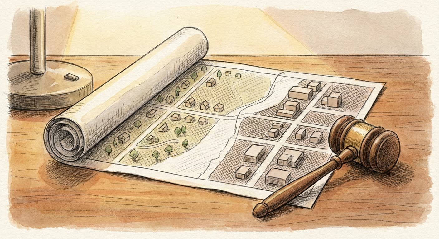A hand-drawn editorial sketch of a rolled zoning map lying beside a small wooden gavel on a plain tabletop, with a faint pencil line dividing the…