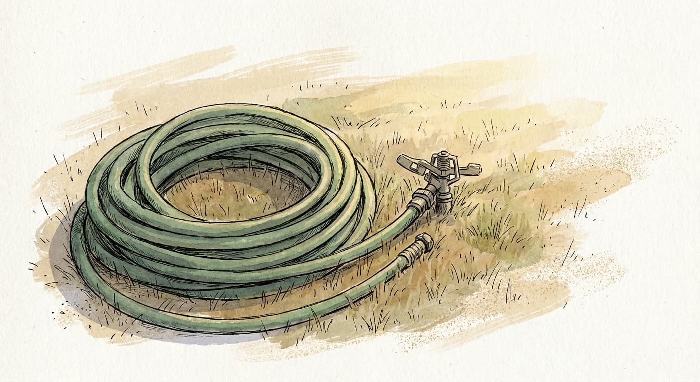 A garden hose coiled beside a sprinkler head on a patch of lawn, drawn in loose editorial pen-and-ink with light watercolor wash.