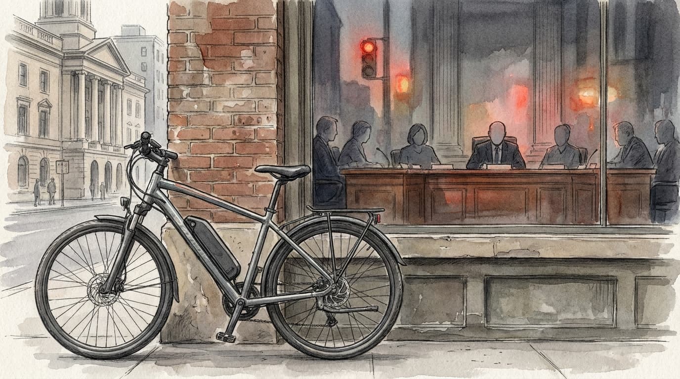 An editorial illustration shows an electric bicycle beside a city sidewalk while anonymous Woonsocket council members deliberate over traffic-safety…