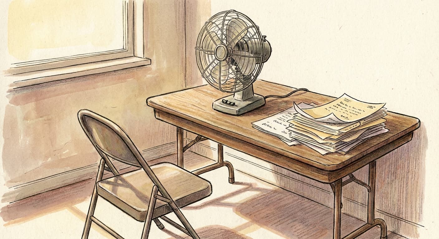 A hand-drawn sketch of a rotating desk fan sitting unplugged beside a stack of paper zoning documents on a folding table.