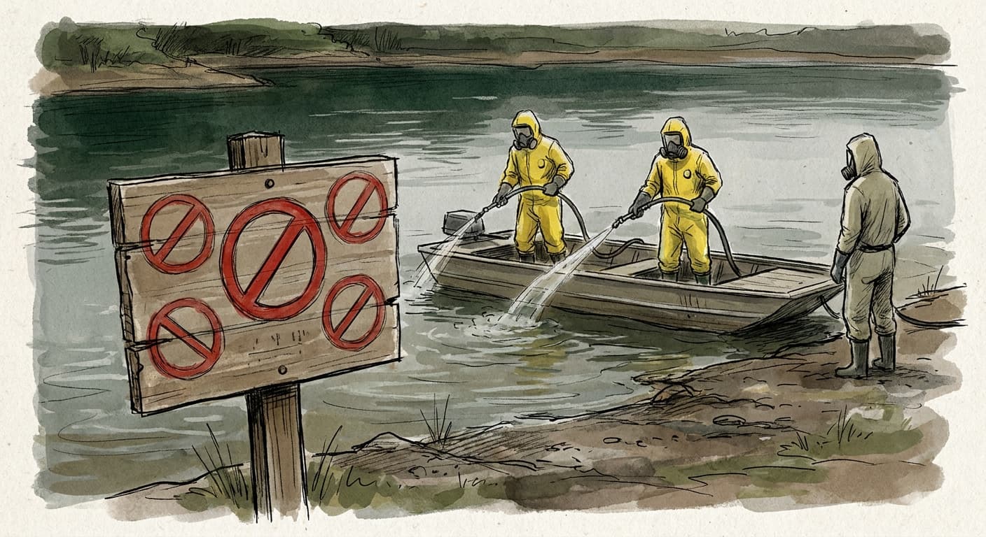 A non-identifiable lake with signs containing closed symbols indicating the lake is closed with people dressed in chemical suits treating the water