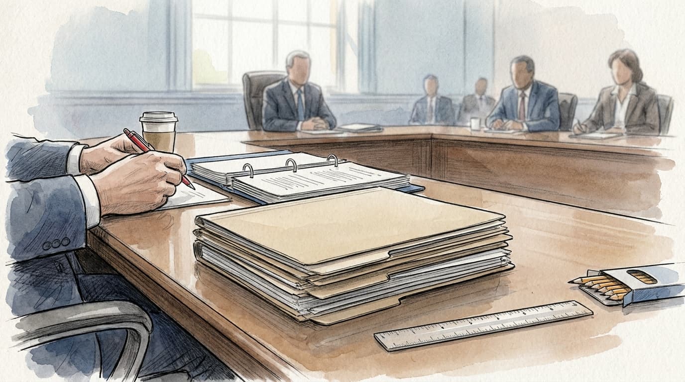 An editorial illustration shows anonymous Providence council committee members reviewing school procurement documents in a formal chamber, with…