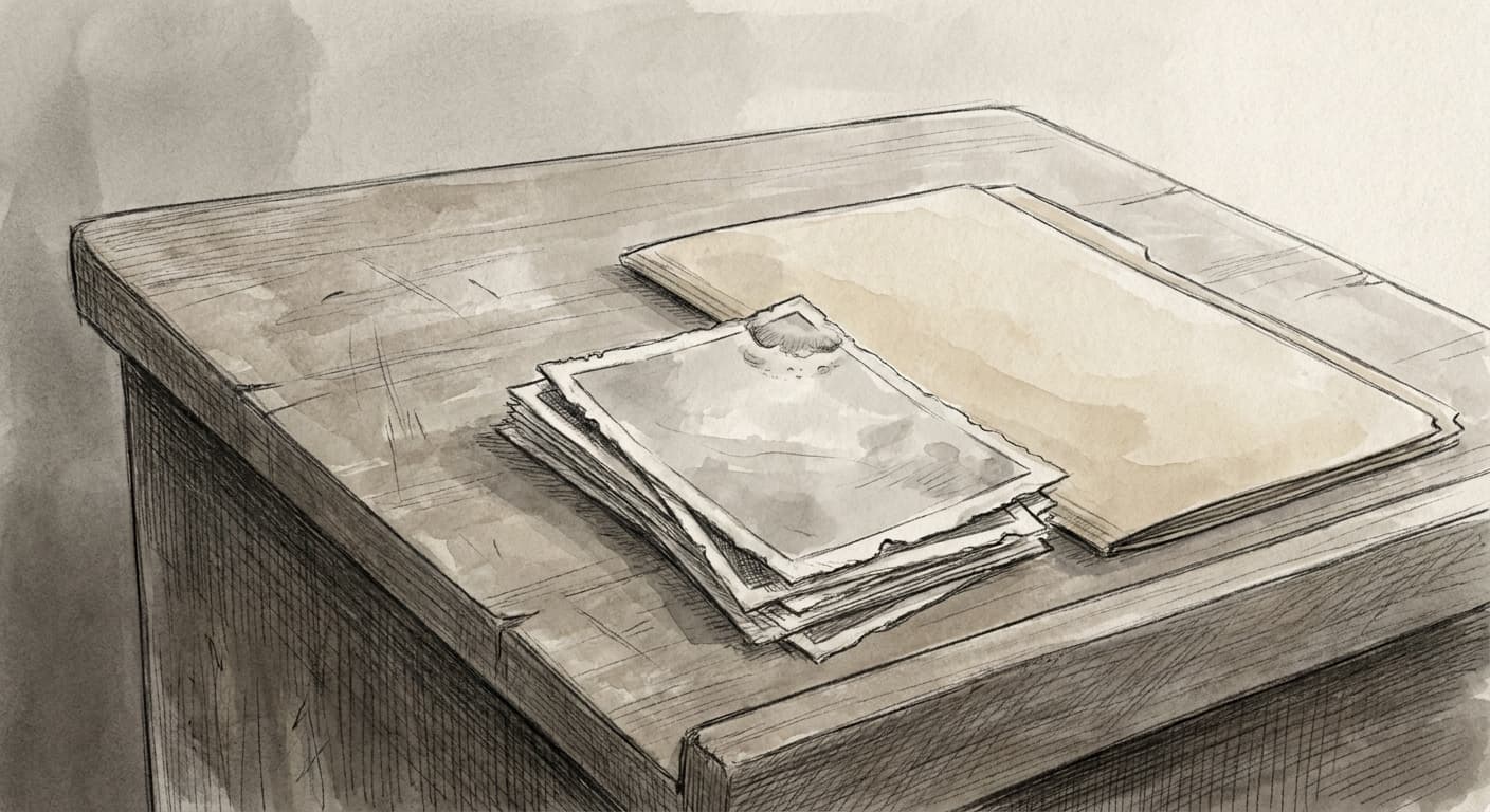 A hand-drawn editorial sketch of a small stack of dated photographs and a manila folder resting on a wooden podium, with a faint smudge suggesting a…