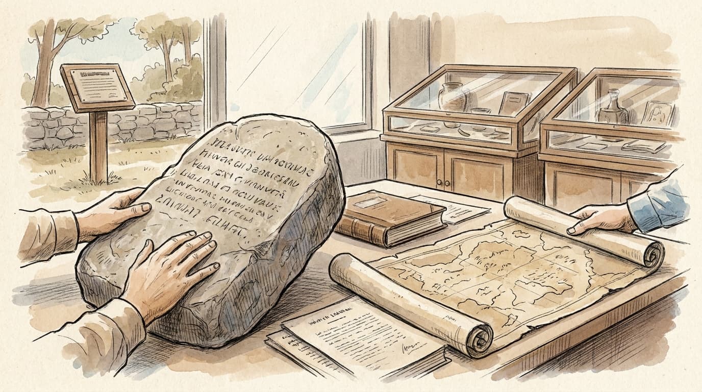 An editorial illustration shows anonymous Coventry historic district commissioners examining an engraved stone marker and archival preservation…