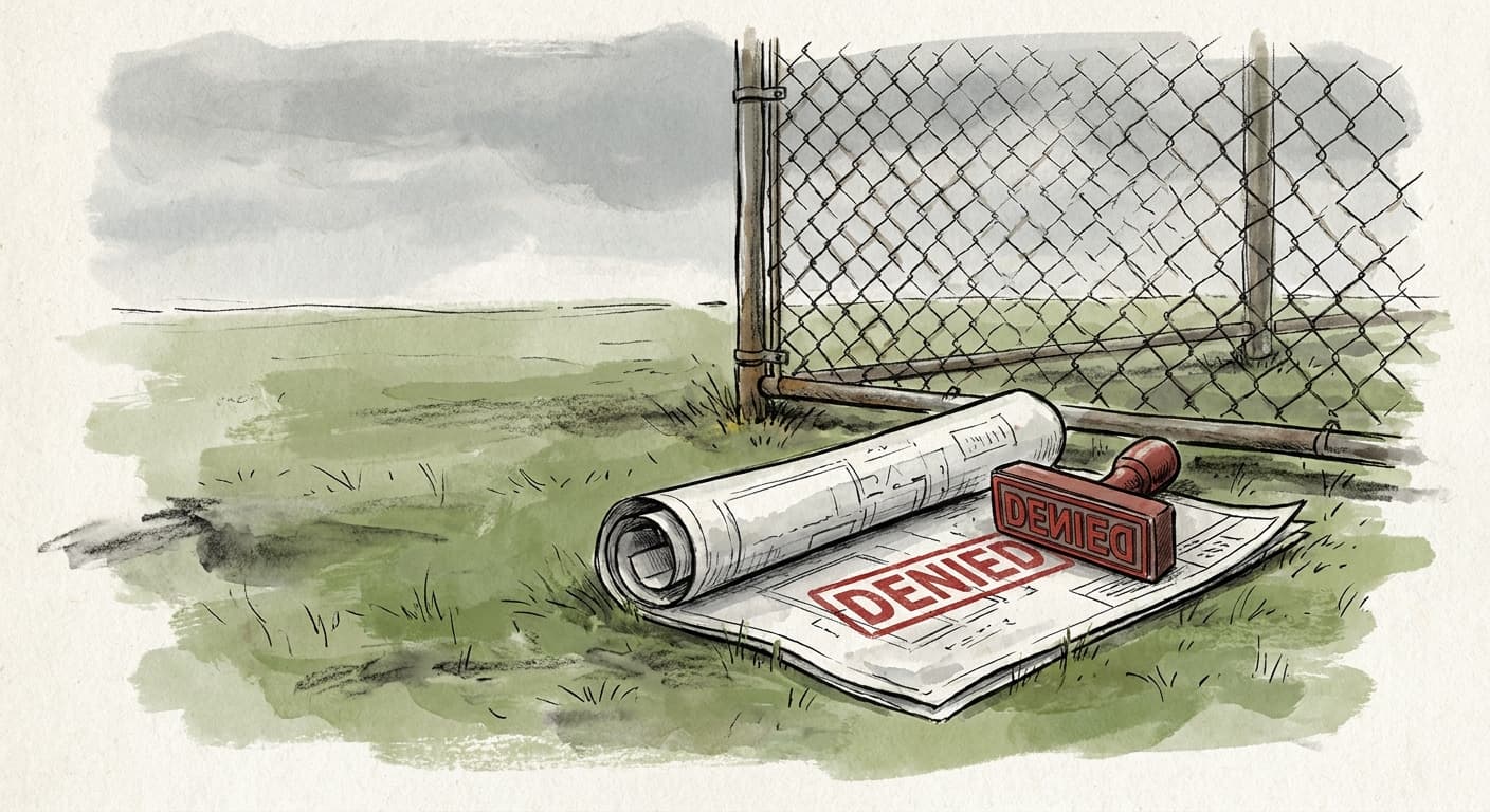 A hand-drawn editorial sketch of a rolled-up architectural site plan lying on a patch of grass beside a weathered chain-link backstop, with a red…