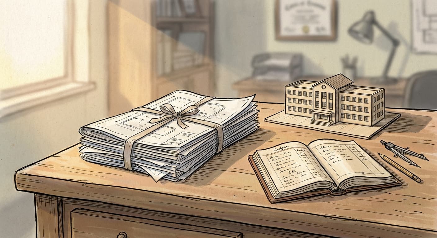 A stack of folded architectural blueprints beside a small model school building and a ledger book, rendered in loose editorial pen-and-ink with…