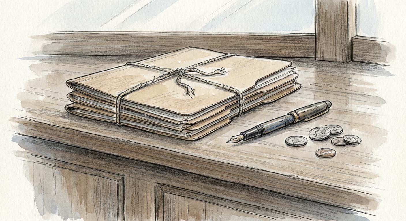 A close-up hand-drawn editorial sketch of a small stack of court filing folders resting beside a pen and a few coins on a plain wooden counter.