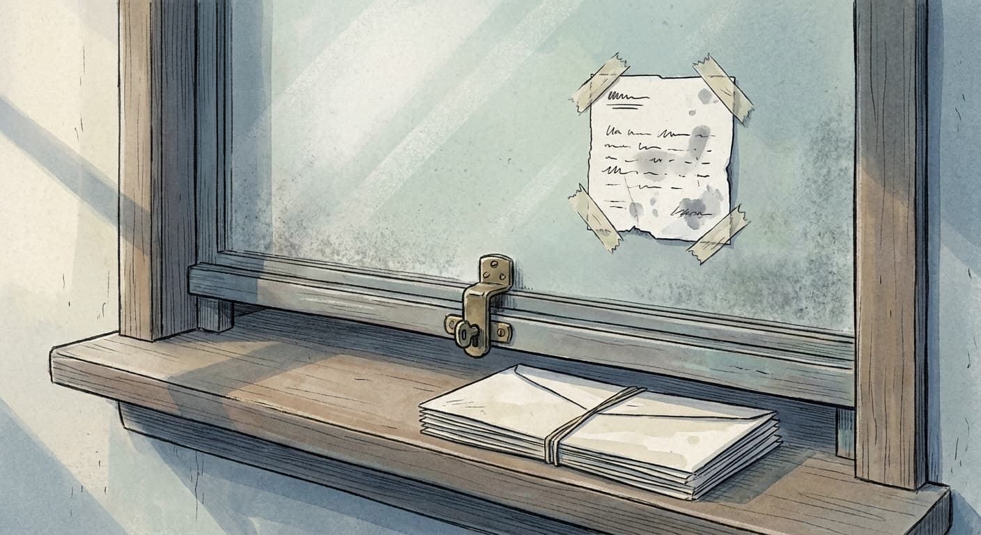 A close-up hand-drawn editorial sketch of a locked service counter window with a small handwritten notice taped to it, a stack of unopened utility…