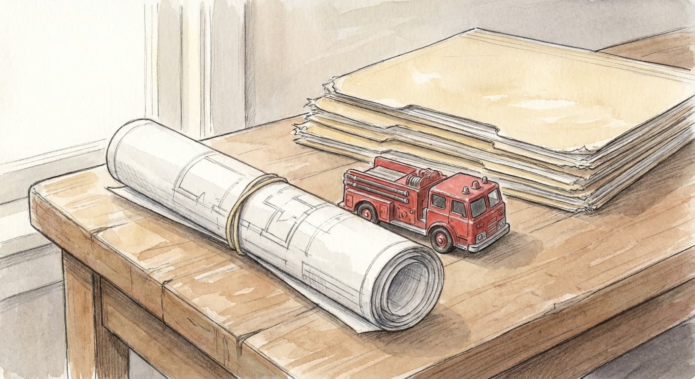 A hand-drawn editorial sketch of a rolled-up architectural site plan next to a small toy fire truck and a stack of permit folders on a table.