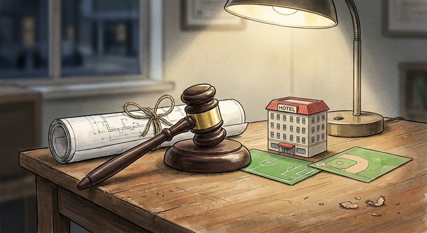 A gavel resting on a rolled architectural site plan tied with string, with a small model hotel building placed beside a miniature ball field marker…