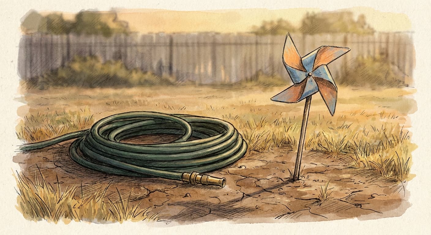 A hand-drawn editorial sketch of a garden hose coiled and shut off beside a dry, cracked patch of lawn, with a small pinwheel water-conservation…