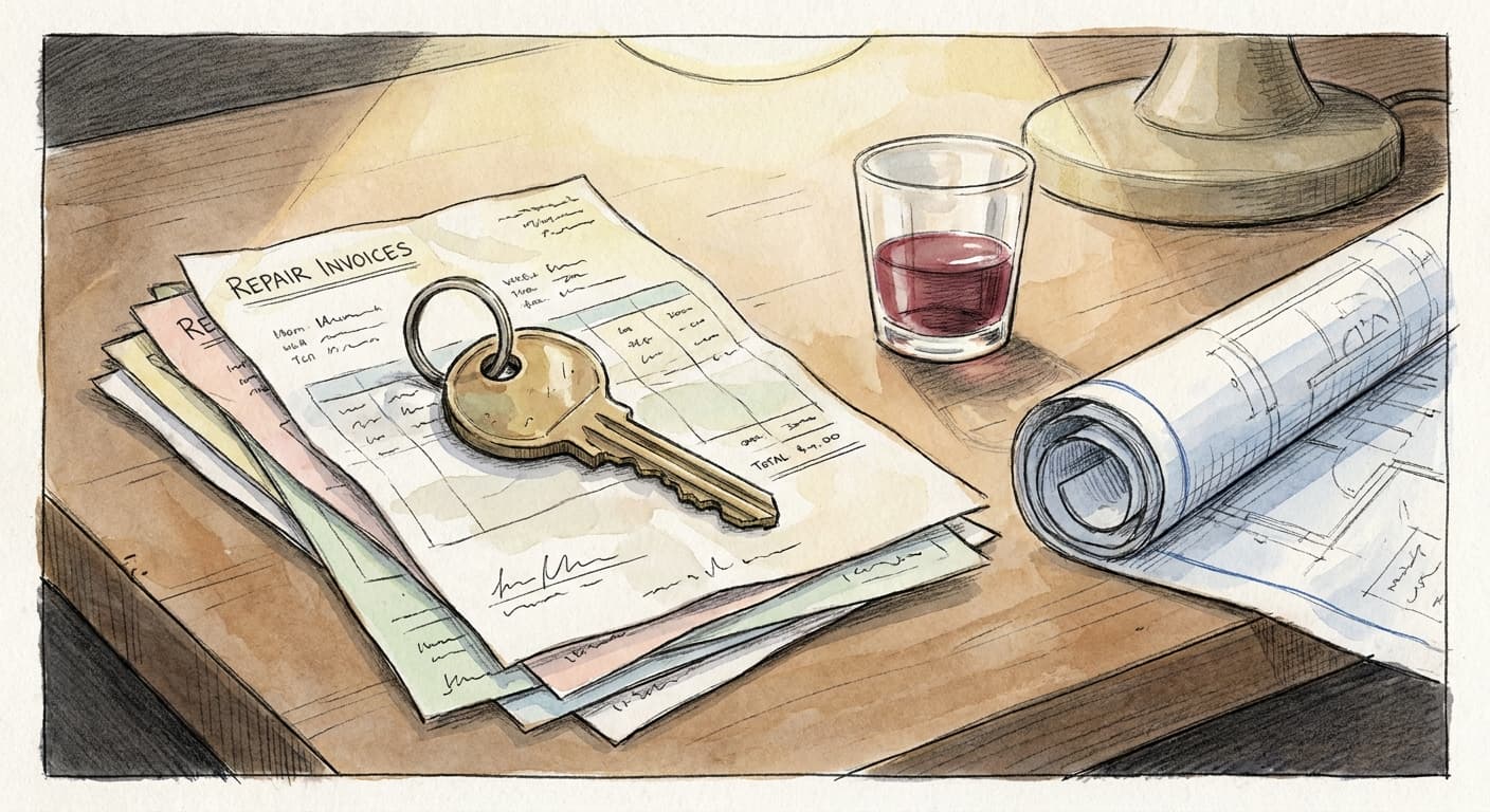 A hand-drawn editorial sketch of a simple house key resting on top of a stack of home repair invoices, beside a small wine glass and a rolled…