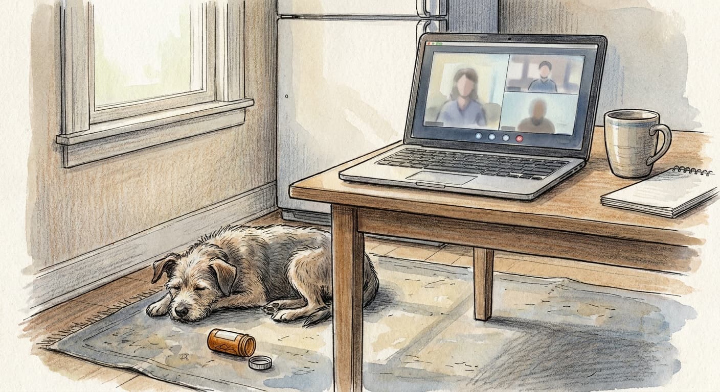 A hand-drawn editorial sketch of a laptop open on a kitchen table, its screen turned toward a dog resting on the floor beside an empty pill bottle.