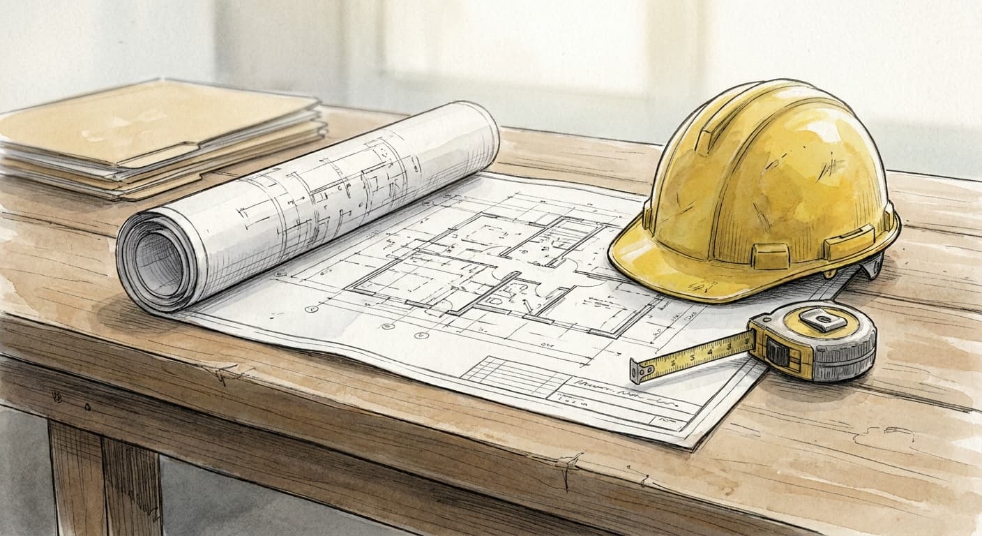 A rolled architectural blueprint lies unfurled on a wooden table beside a hard hat and a measuring tape, with soft overhead light and no visible text.