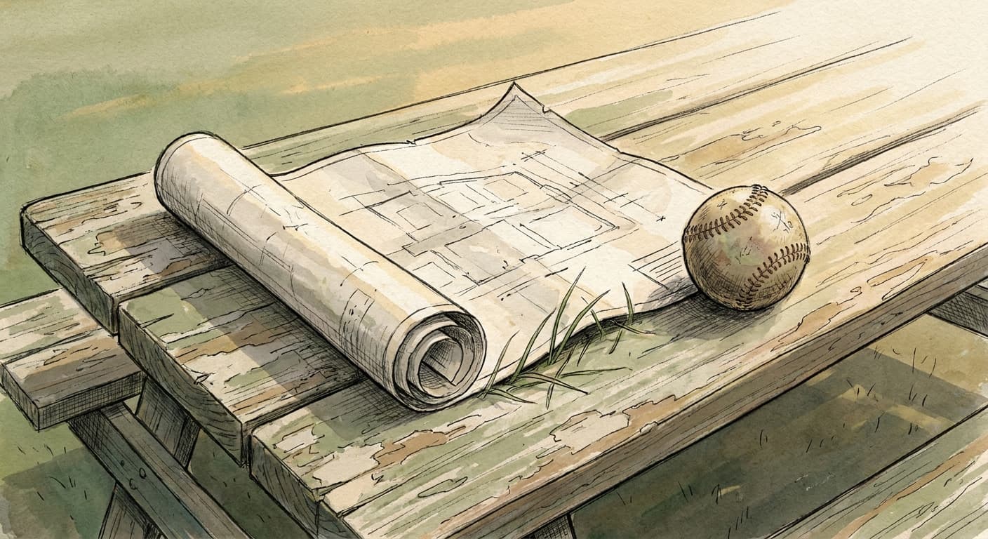 A hand-drawn editorial sketch of a rolled architectural site plan resting on a weathered wooden picnic table beside a scuffed softball, a few blades…