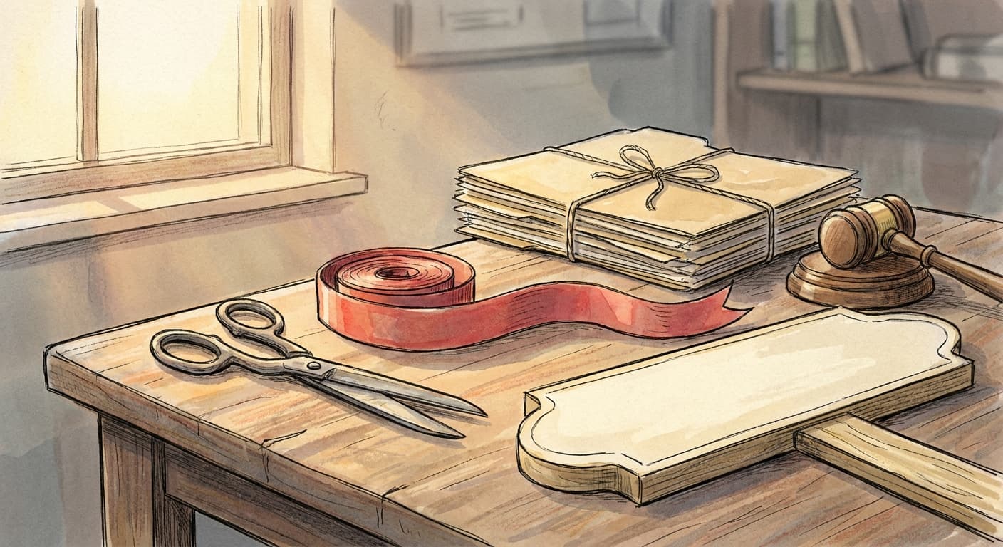 A pair of scissors resting beside a rolled ceremonial ribbon on a wooden table, next to a blank, unlabeled street-sign-shaped placard.