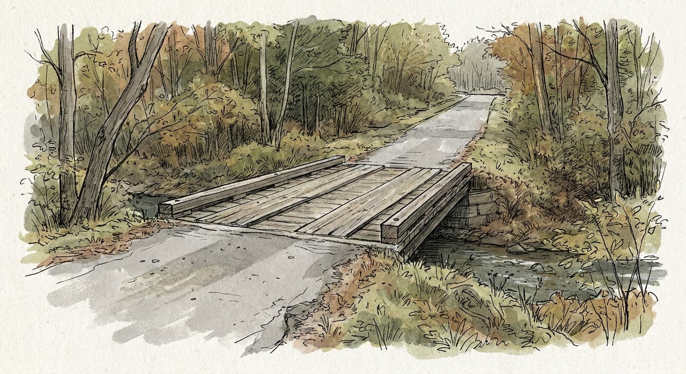 A hand-drawn editorial sketch of a single narrow paved road cutting through wooded land toward a small wooden bridge over a stream, rendered in…