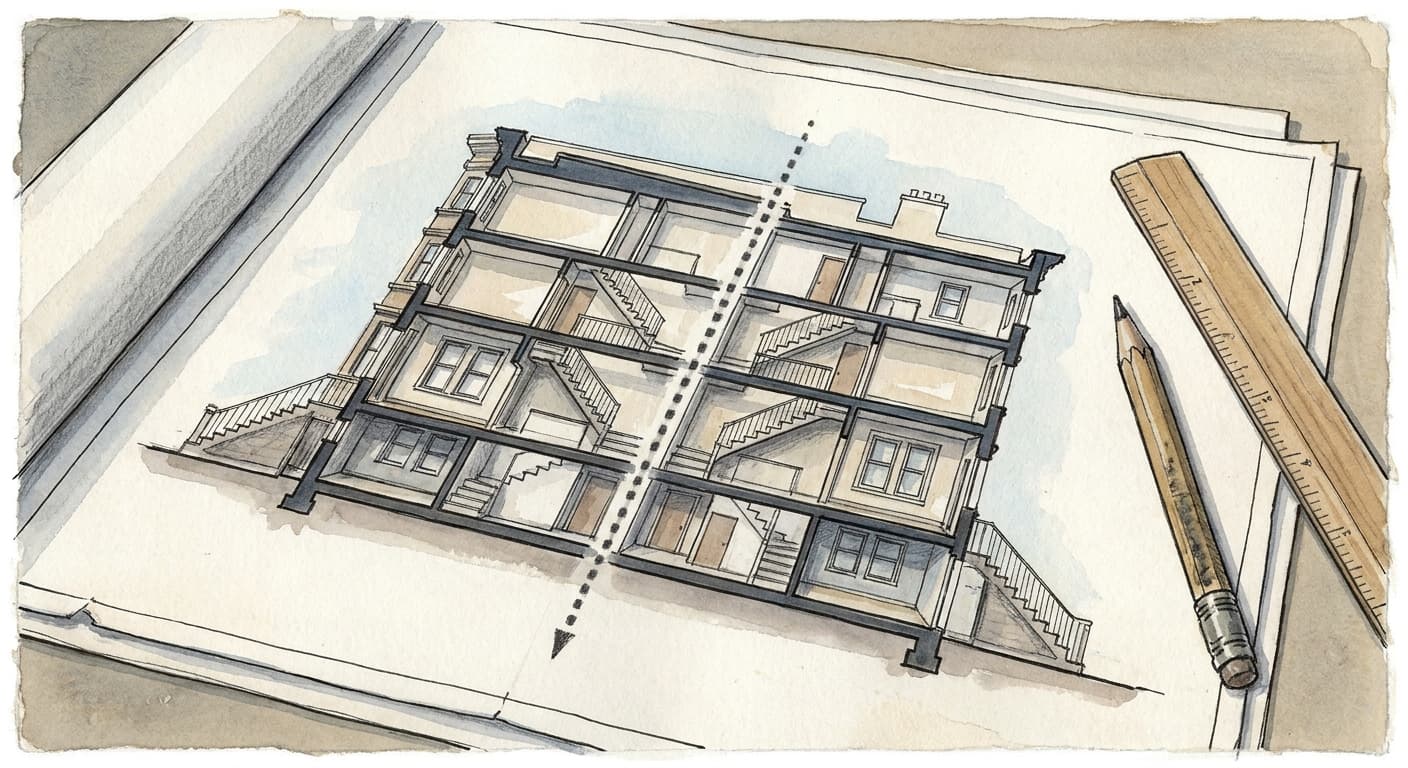 A hand-drawn editorial sketch of a rowhouse-style townhouse cutaway diagram on a blueprint, with a dotted line drawn down the middle marking a new…