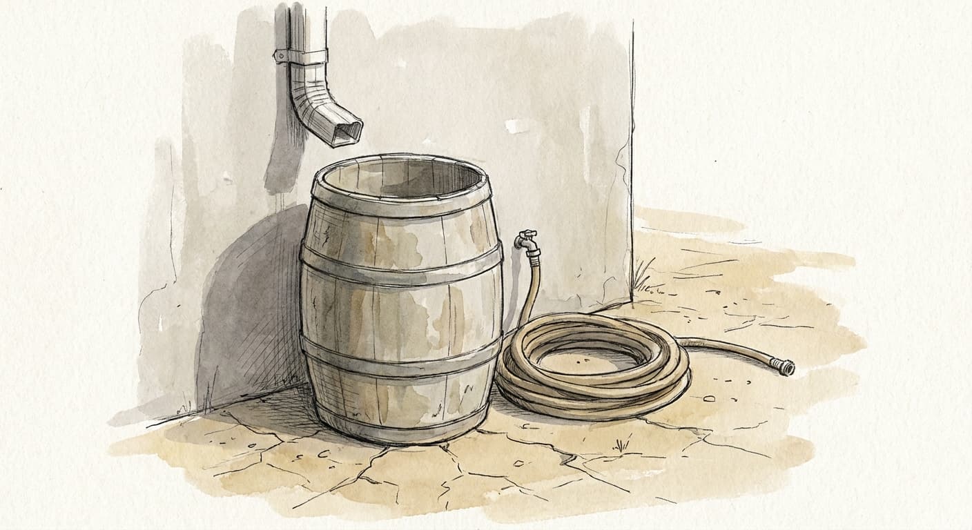 A hand-drawn editorial sketch of an empty rain barrel sitting beneath a disconnected downspout, with a dry garden hose coiled nearby on cracked,…