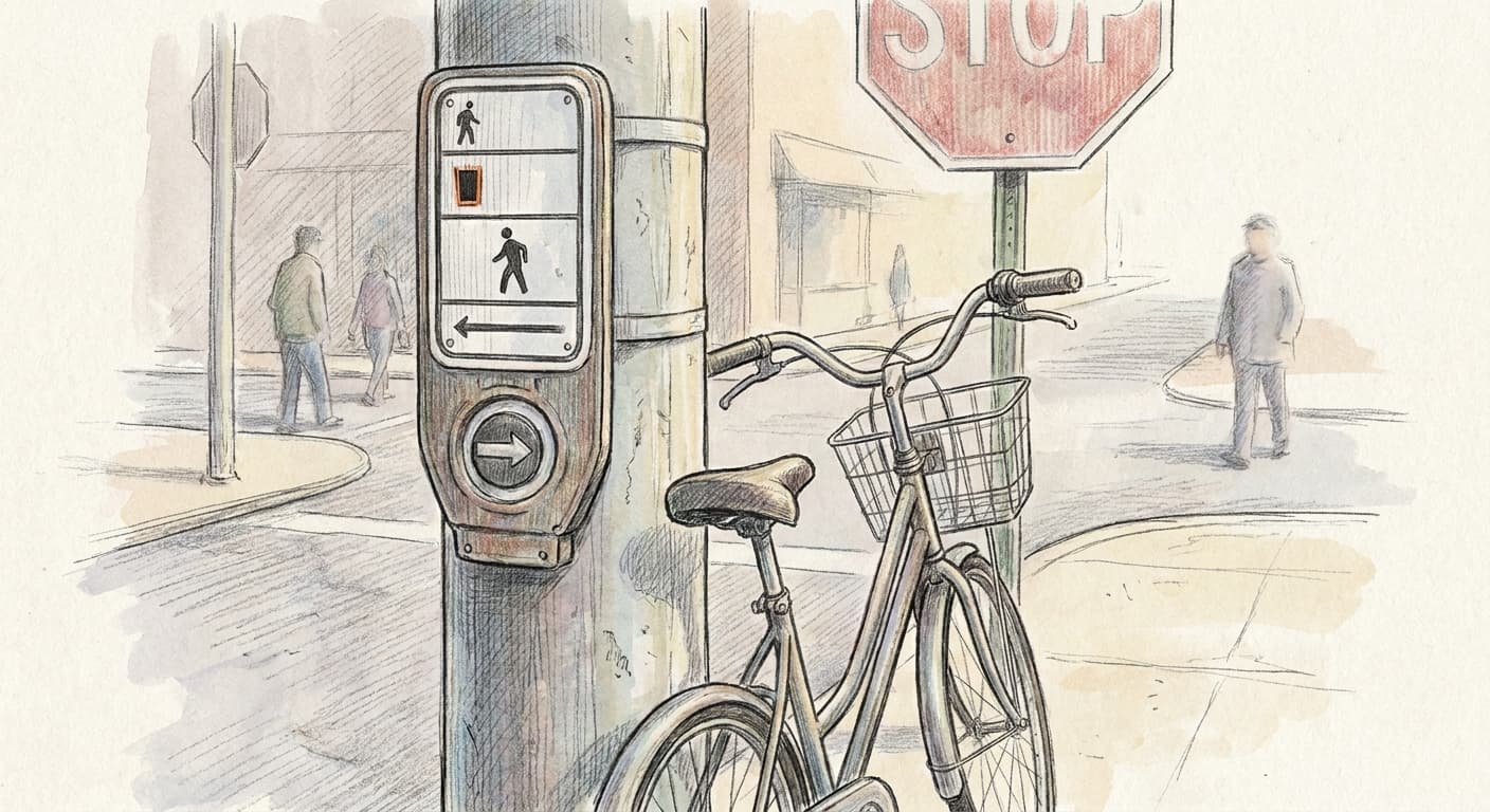 A close-up hand-drawn sketch of a simple pedestrian crosswalk sign post at a quiet intersection, with a bicycle leaning against it and a faded stop…